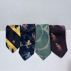 Oleg Cassini Mens Ties Set of 4 Black Gold Green Brown Bird Print Silk Blend